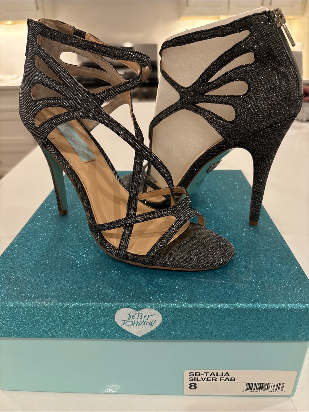 Betsey Johnson Silver Glitter Cutout Strappy Stiletto Heels Talia